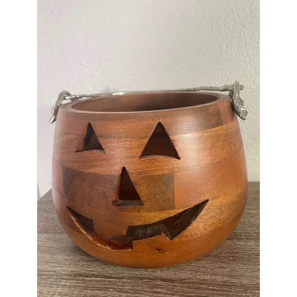 Martha Stewart Wooden Jack O Lantern Candy Bowl Halloween Pumpkin Bucket